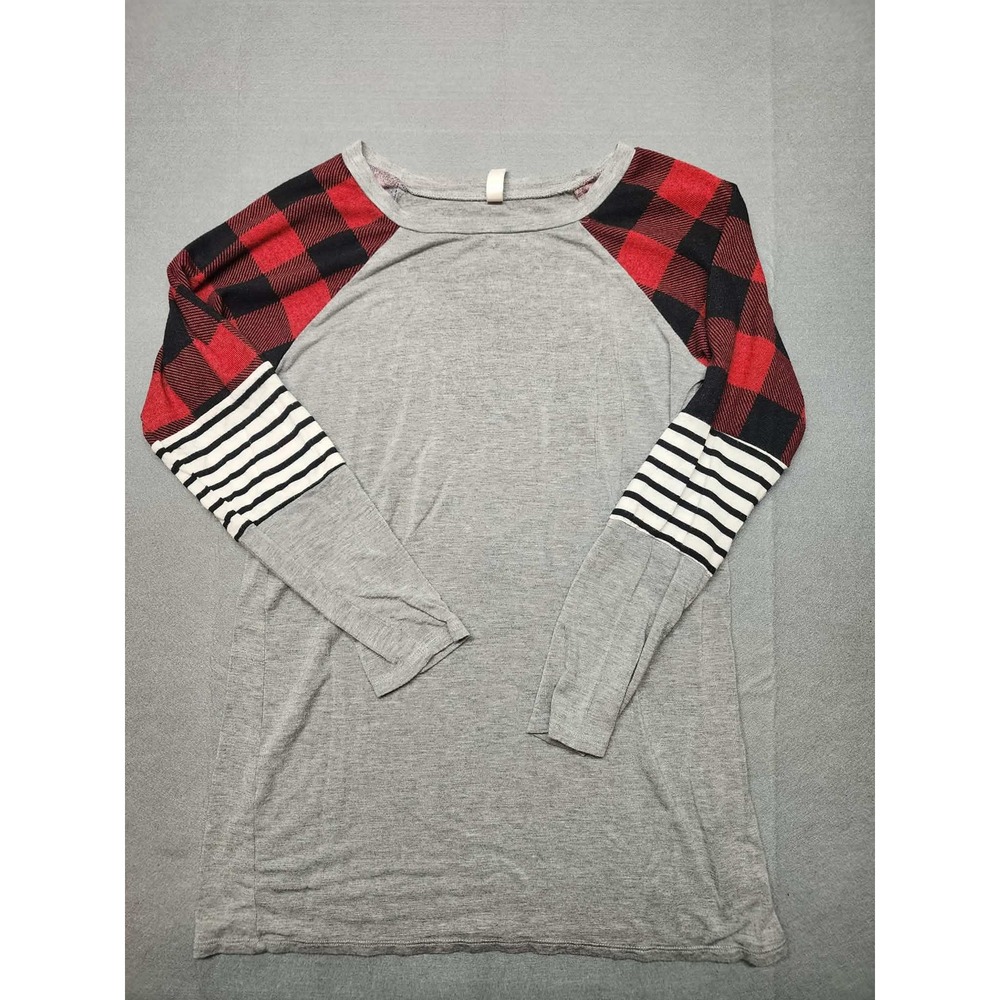 Magic Fit Womens Raglan Top Grey Buffalo Plaid Striped Mixed Print Long Sleeve